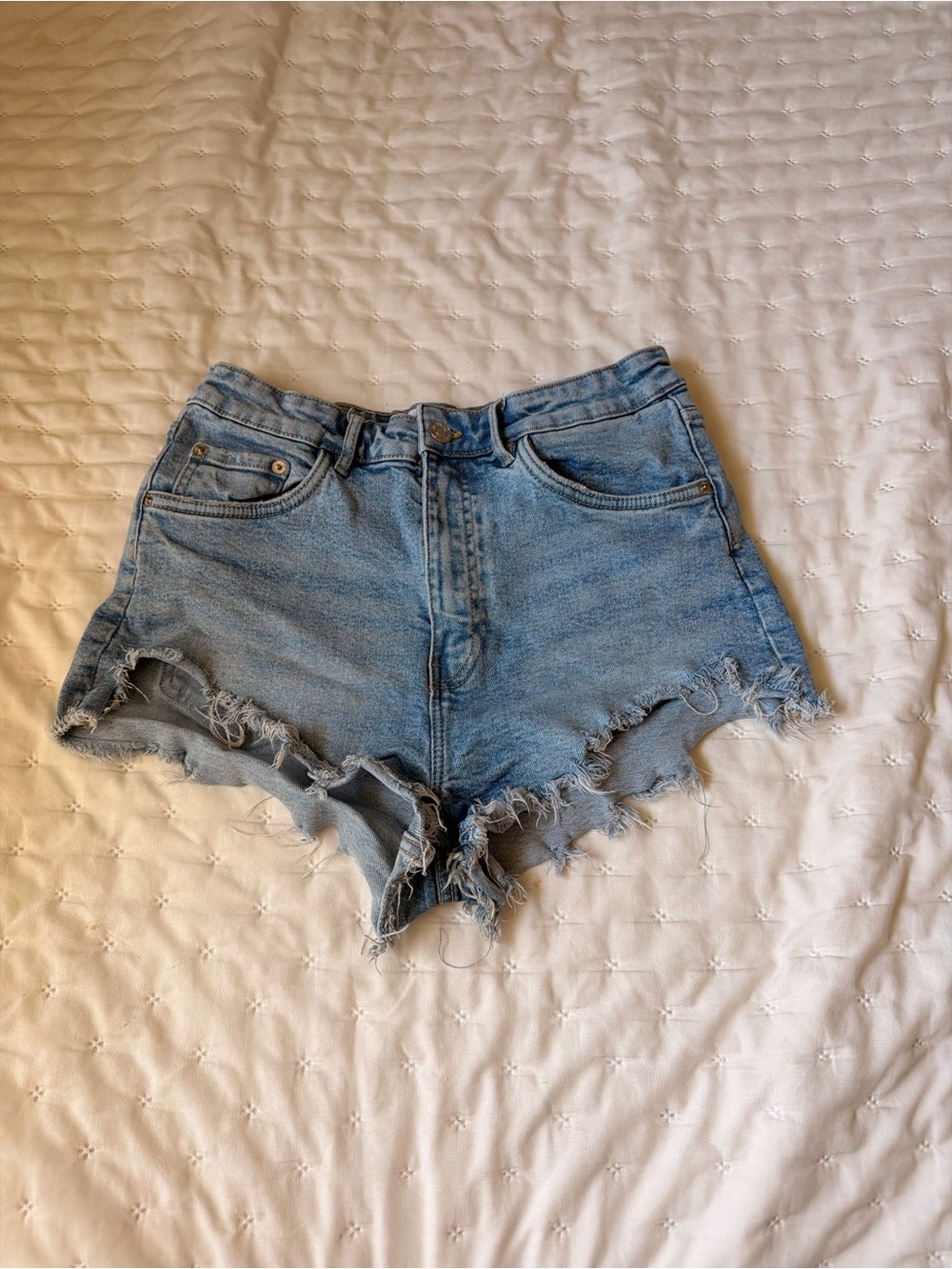 Zara Light Blue Frayed High-Rise Denim Shorts